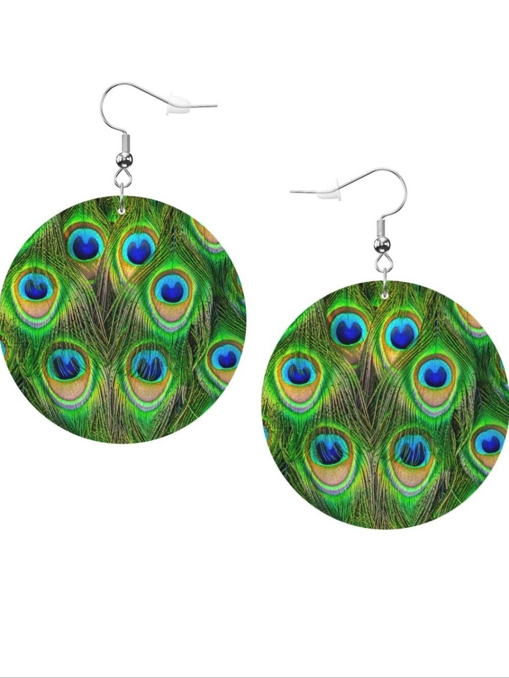Peacock Feather Print Round Dangle Earrings - Green